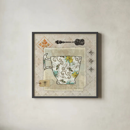 Garden Cafe III by Belinda Aldrich. Shown in a sleek black glass frame for a contemporary gallery look. Available as an archival giclee rolled canvas, fine art paper, or poster print. SKU 12898a.