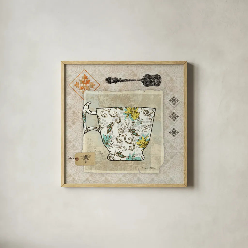 Garden Cafe III by Belinda Aldrich. Shown in a natural wood glass frame for a timeless modern aesthetic. Available as an archival giclee rolled canvas, fine art paper, or poster print. SKU 12898a.