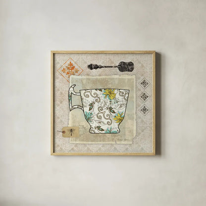 Garden Cafe III by Belinda Aldrich. Shown in a natural wood glass frame for a timeless modern aesthetic. Available as an archival giclee rolled canvas, fine art paper, or poster print. SKU 12898a.