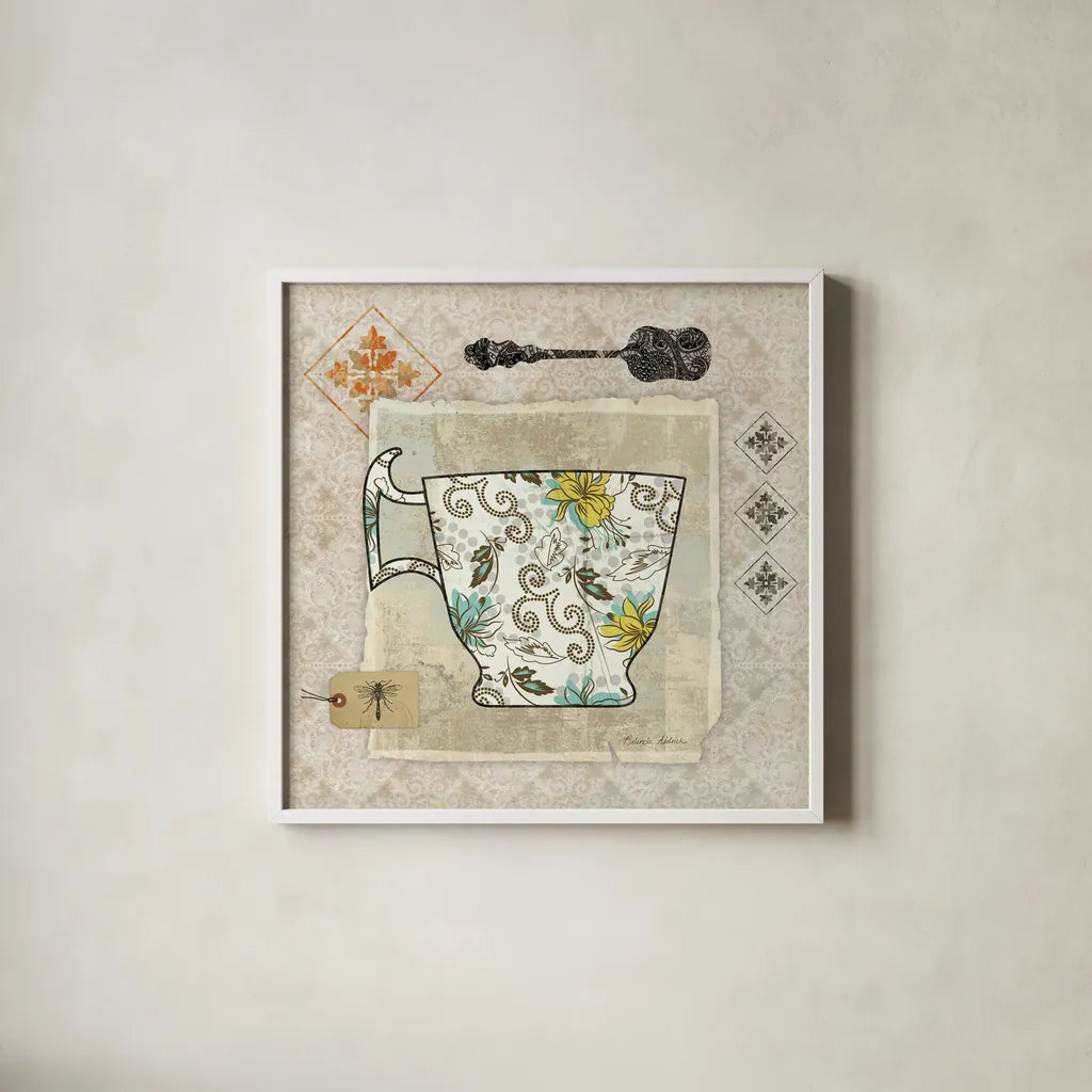 Garden Cafe III by Belinda Aldrich. Shown in a crisp white glass frame for a clean and minimalist style. Available as an archival giclee rolled canvas, fine art paper, or poster print. SKU 12898a.