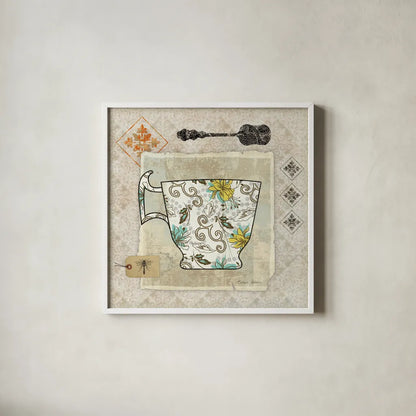 Garden Cafe III by Belinda Aldrich. Shown in a crisp white glass frame for a clean and minimalist style. Available as an archival giclee rolled canvas, fine art paper, or poster print. SKU 12898a.