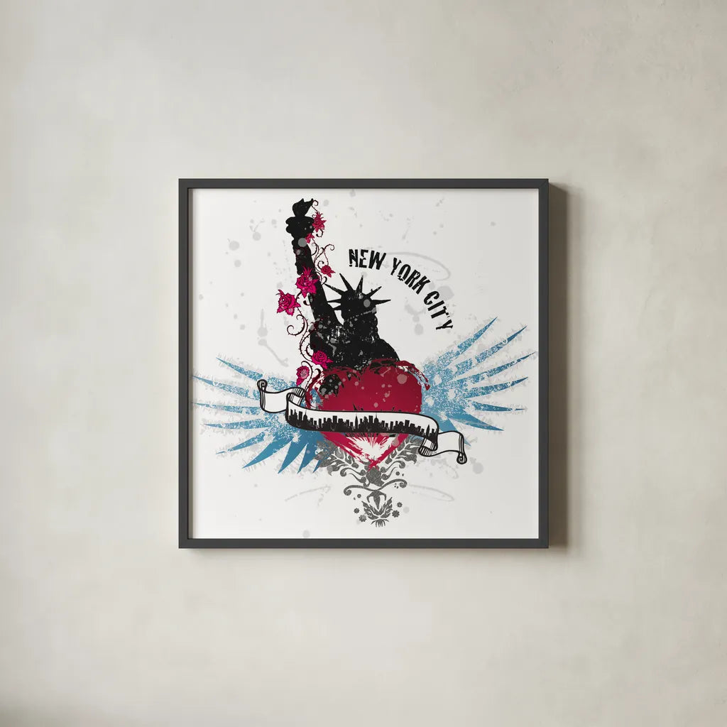 Heart of the City New York by Belinda Aldrich. Shown in a sleek black glass frame for a contemporary gallery look. Available as an archival giclee rolled canvas, fine art paper, or poster print. SKU 32966a.