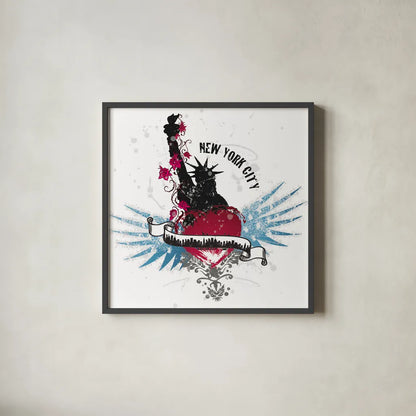 Heart of the City New York by Belinda Aldrich. Shown in a sleek black glass frame for a contemporary gallery look. Available as an archival giclee rolled canvas, fine art paper, or poster print. SKU 32966a.