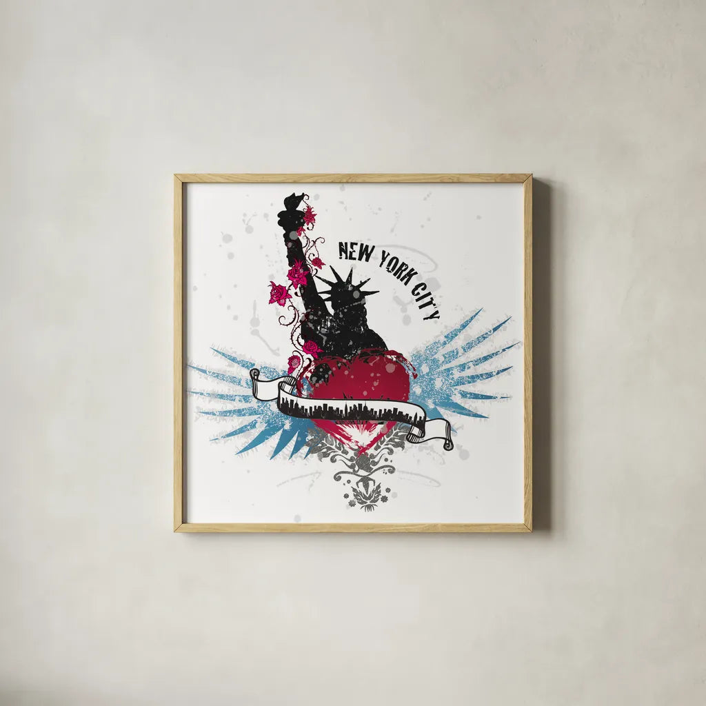 Heart of the City New York by Belinda Aldrich. Shown in a natural wood glass frame for a timeless modern aesthetic. Available as an archival giclee rolled canvas, fine art paper, or poster print. SKU 32966a.