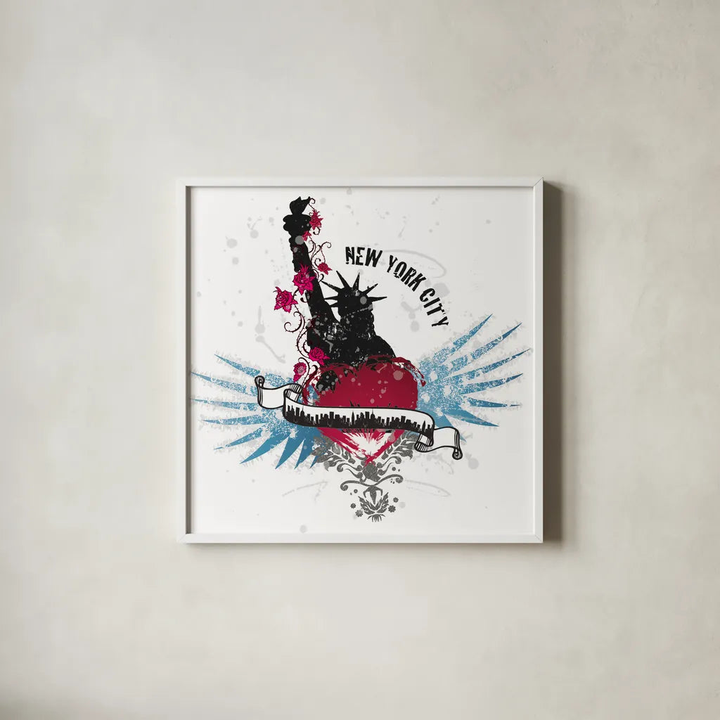 Heart of the City New York by Belinda Aldrich. Shown in a crisp white glass frame for a clean and minimalist style. Available as an archival giclee rolled canvas, fine art paper, or poster print. SKU 32966a.