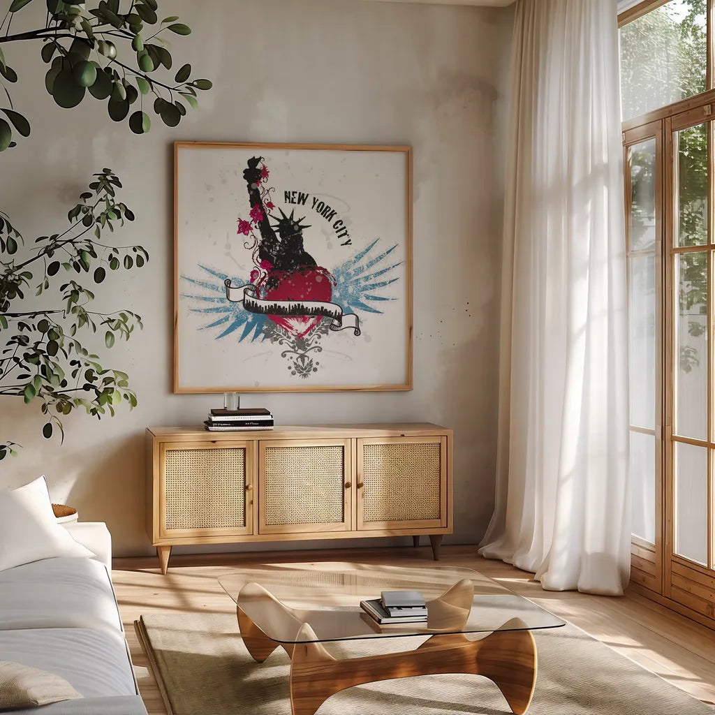 Heart of the City New York by Belinda Aldrich. Shown in a natural wood frame in a cozy modern living room. Available as an archival giclee rolled canvas, fine art paper, or poster print. SKU 32966a.