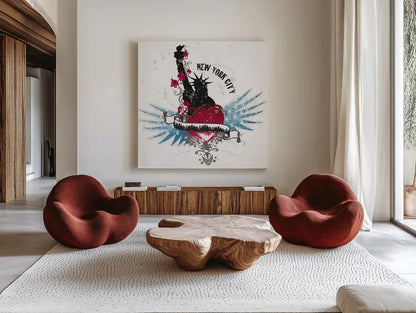 Heart of the City New York by Belinda Aldrich. Shown as extra-large giant wall art in a modern living room. Available as an archival giclee rolled canvas, fine art paper, or poster print. SKU 32966a.
