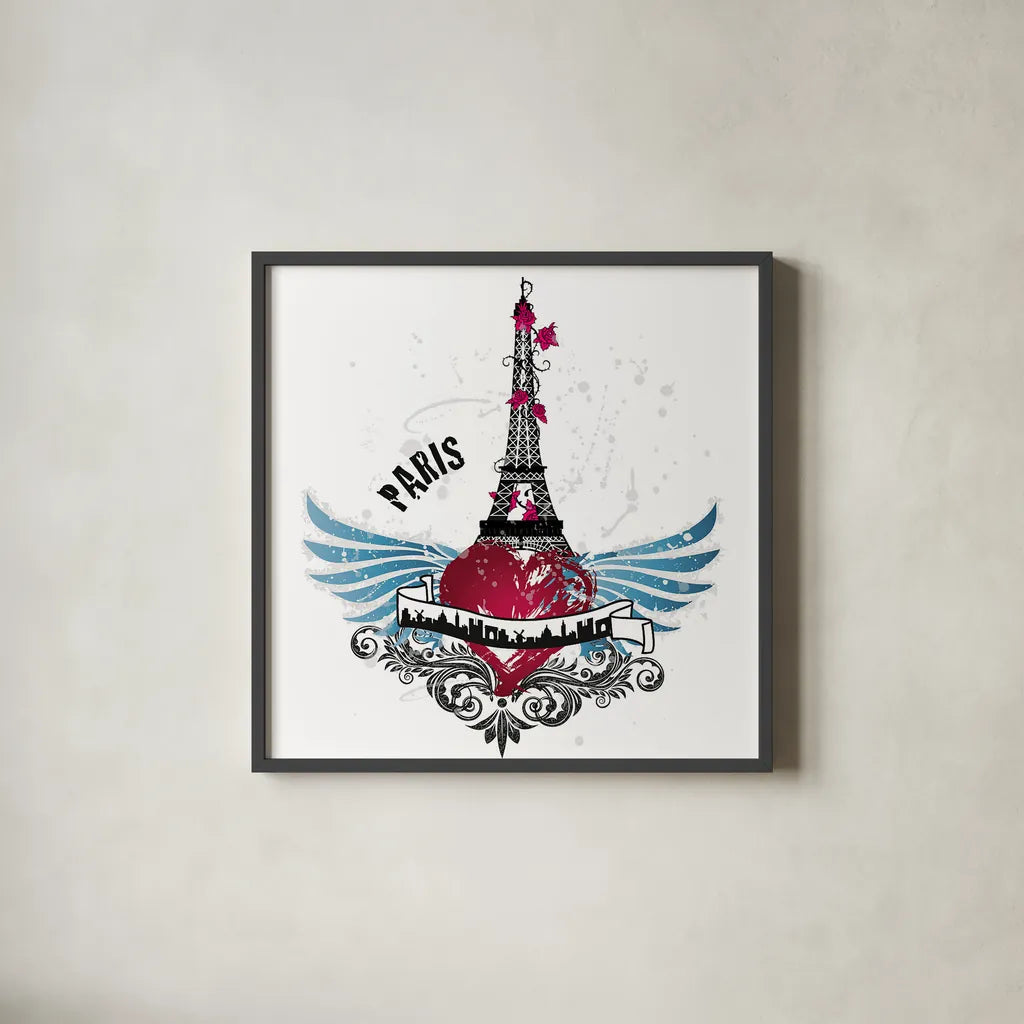 Heart of the City Paris by Belinda Aldrich. Shown in a sleek black glass frame for a contemporary gallery look. Available as an archival giclee rolled canvas, fine art paper, or poster print. SKU 32967a.