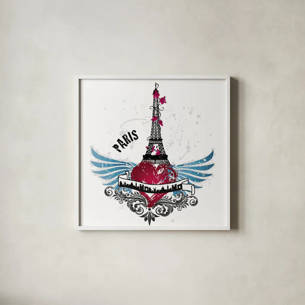 Heart of the City Paris by Belinda Aldrich. Shown in a crisp white glass frame for a clean and minimalist style. Available as an archival giclee rolled canvas, fine art paper, or poster print. SKU 32967a.