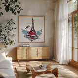 Heart of the City Paris by Belinda Aldrich. Shown in a natural wood frame in a cozy modern living room. Available as an archival giclee rolled canvas, fine art paper, or poster print. SKU 32967a.