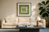 Sea Shell II by Belinda Aldrich. Displayed in a glass frame with matte in a clean modern living room. Available as an archival giclee rolled canvas, fine art paper, or poster print. SKU 32964a.