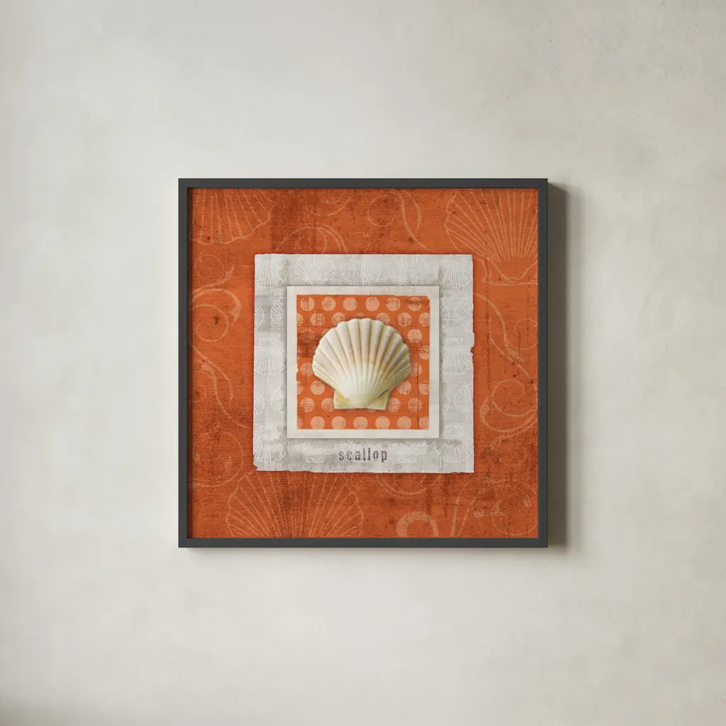 Sea Shell III by Belinda Aldrich. Shown in a sleek black glass frame for a contemporary gallery look. Available as an archival giclee rolled canvas, fine art paper, or poster print. SKU 32963a.
