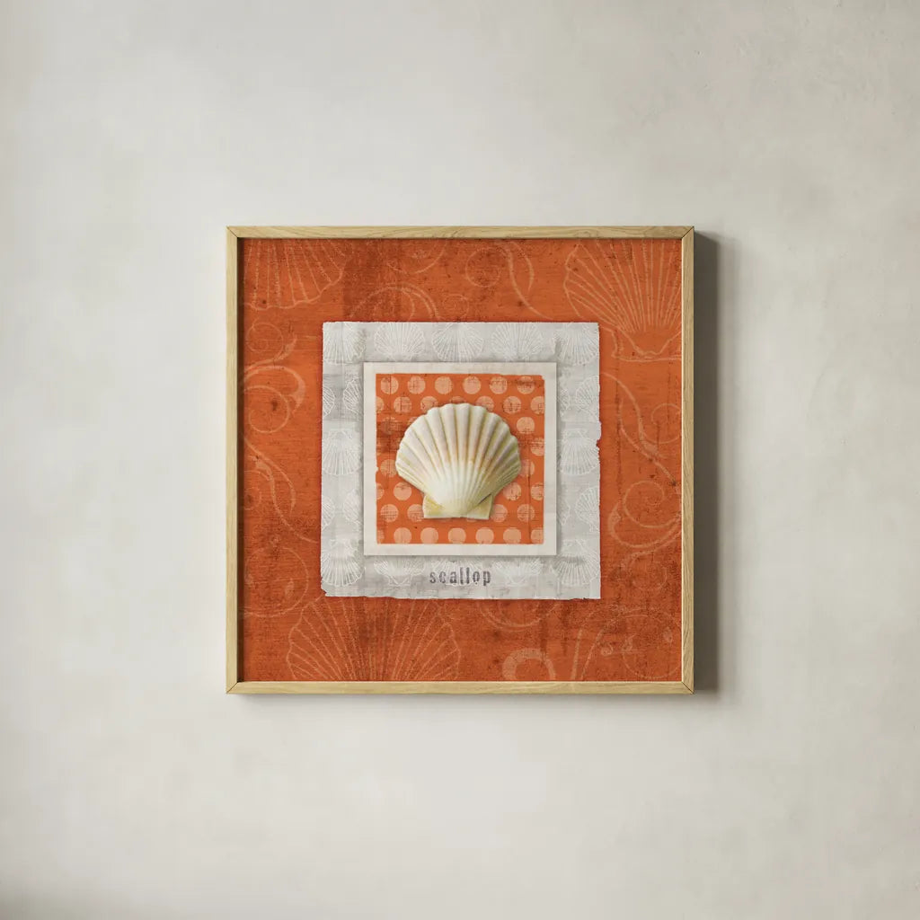 Sea Shell III by Belinda Aldrich. Shown in a natural wood glass frame for a timeless modern aesthetic. Available as an archival giclee rolled canvas, fine art paper, or poster print. SKU 32963a.