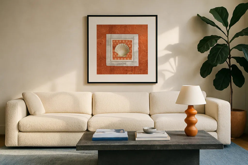 Sea Shell III by Belinda Aldrich. Displayed in a glass frame with matte in a clean modern living room. Available as an archival giclee rolled canvas, fine art paper, or poster print. SKU 32963a.