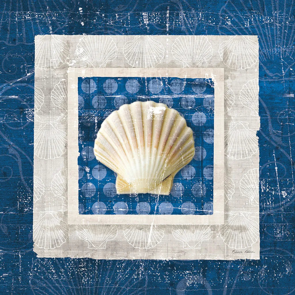 Sea Shell III on Blue by Belinda Aldrich. SKU 11935a. Archival Giclee Fine art print for wall decor.