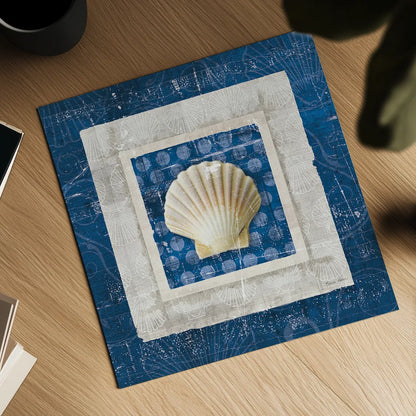 Sea Shell III on Blue by Belinda Aldrich. Shown as a detailed flat fine art print, highlighting archival giclee quality. Available as an archival giclee rolled canvas, fine art paper, or poster print. SKU 11935a.