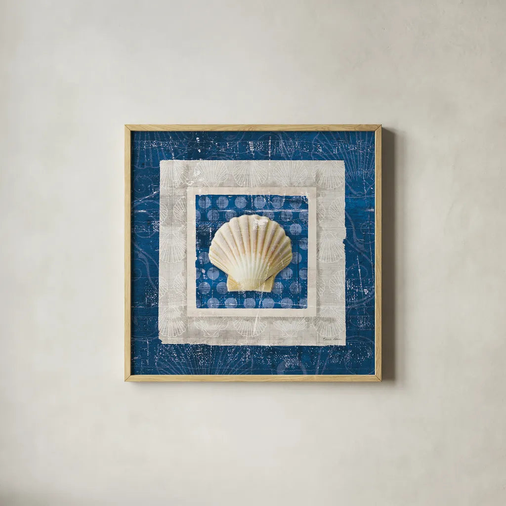 Sea Shell III on Blue by Belinda Aldrich. Shown in a natural wood glass frame for a timeless modern aesthetic. Available as an archival giclee rolled canvas, fine art paper, or poster print. SKU 11935a.