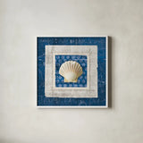 Sea Shell III on Blue by Belinda Aldrich. Shown in a crisp white glass frame for a clean and minimalist style. Available as an archival giclee rolled canvas, fine art paper, or poster print. SKU 11935a.