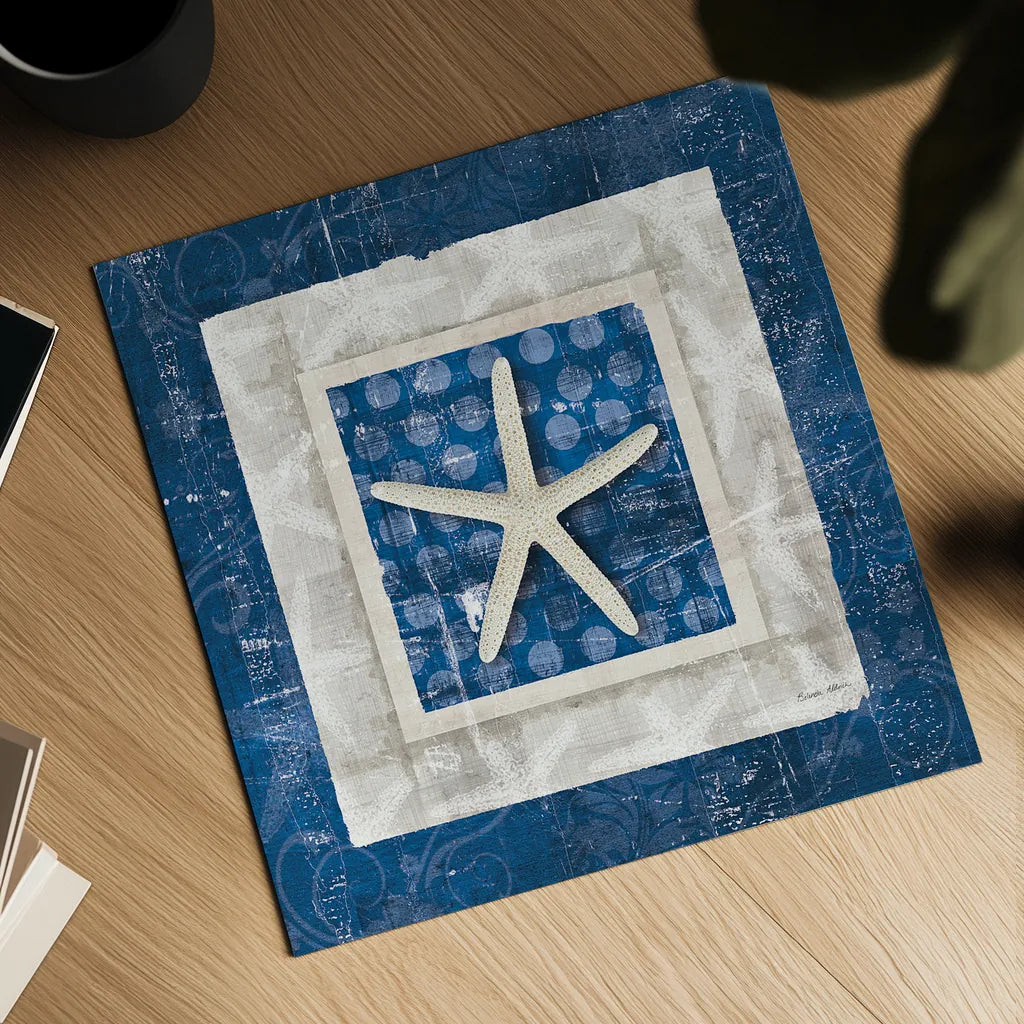 Sea Shell IV on Blue by Belinda Aldrich. Shown as a detailed flat fine art print, highlighting archival giclee quality. Available as an archival giclee rolled canvas, fine art paper, or poster print. SKU 11936a.