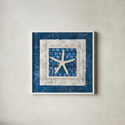 Sea Shell IV on Blue by Belinda Aldrich. Shown in a crisp white glass frame for a clean and minimalist style. Available as an archival giclee rolled canvas, fine art paper, or poster print. SKU 11936a.