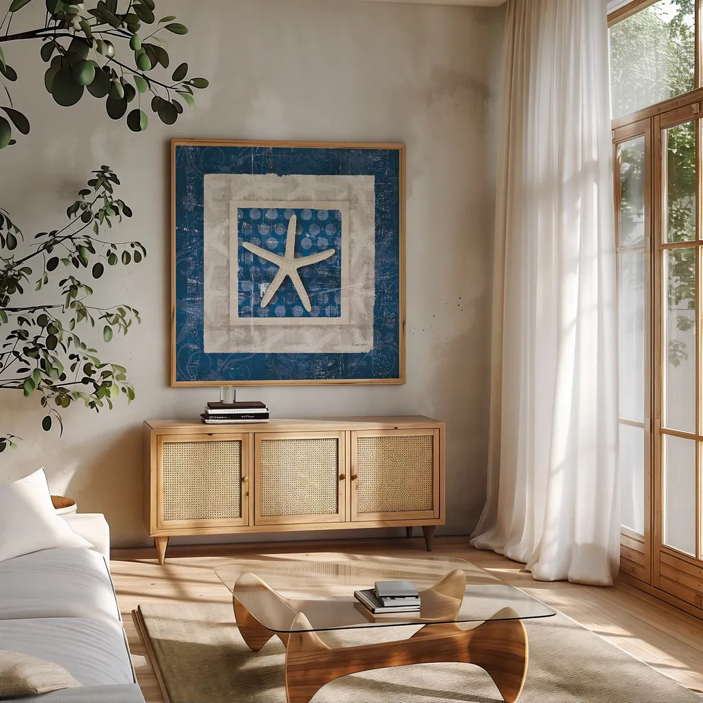 Sea Shell IV on Blue by Belinda Aldrich. Shown in a natural wood frame in a cozy modern living room. Available as an archival giclee rolled canvas, fine art paper, or poster print. SKU 11936a.