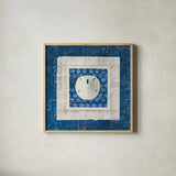 Sea Shell on Blue I by Belinda Aldrich. Shown in a natural wood glass frame for a timeless modern aesthetic. Available as an archival giclee rolled canvas, fine art paper, or poster print. SKU 11933a.