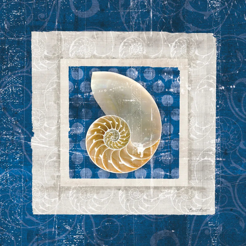 Sea Shell on Blue II by Belinda Aldrich. SKU 11934a. Archival Giclee Fine art print for wall decor.