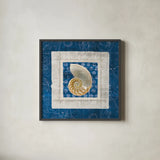 Sea Shell on Blue II by Belinda Aldrich. Shown in a sleek black glass frame for a contemporary gallery look. Available as an archival giclee rolled canvas, fine art paper, or poster print. SKU 11934a.
