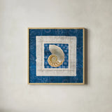 Sea Shell on Blue II by Belinda Aldrich. Shown in a natural wood glass frame for a timeless modern aesthetic. Available as an archival giclee rolled canvas, fine art paper, or poster print. SKU 11934a.