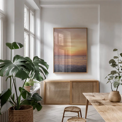Waiting by Belinda Aldrich. shown as a print in a natural wood frame in a dining room. Available as a archival giclee rolled canvas, fine art paper, or poster print. SKU 89813h.
