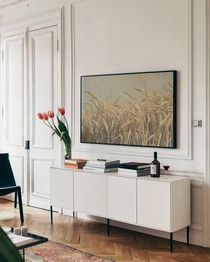 Gold Harvest by Ben Richard. shown as a framed stretched canvas in a living room above a console. Available as a archival giclee rolled canvas, fine art paper, or poster print. SKU 52752i.