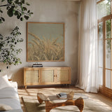 Gold Harvest Crop by Ben Richard. Shown in a natural wood frame in a cozy modern living room. Available as an archival giclee rolled canvas, fine art paper, or poster print. SKU 52752a.