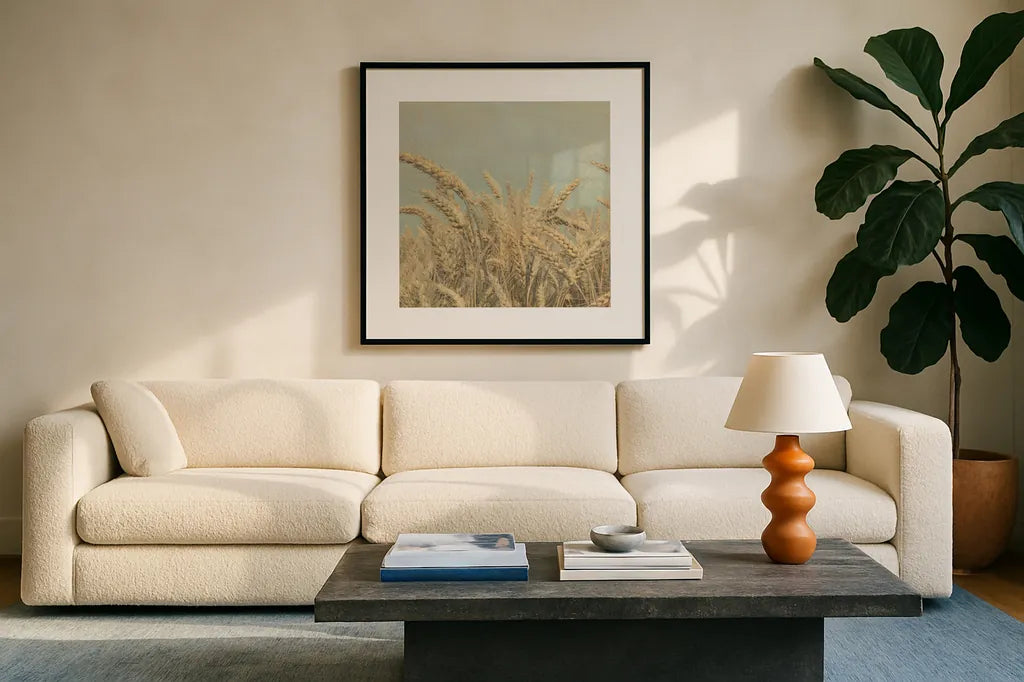 Gold Harvest Crop by Ben Richard. Displayed in a glass frame with matte in a clean modern living room. Available as an archival giclee rolled canvas, fine art paper, or poster print. SKU 52752a.