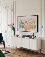 Abundance I by Beth Grove. shown as a framed stretched canvas in a living room above a console. Available as a archival giclee rolled canvas, fine art paper, or poster print. SKU 98101i.