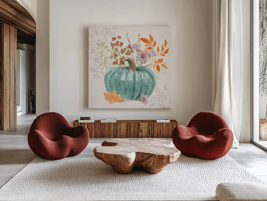 Abundance V by Beth Grove. Shown as extra-large giant wall art in a modern living room. Available as an archival giclee rolled canvas, fine art paper, or poster print. SKU 98105a.