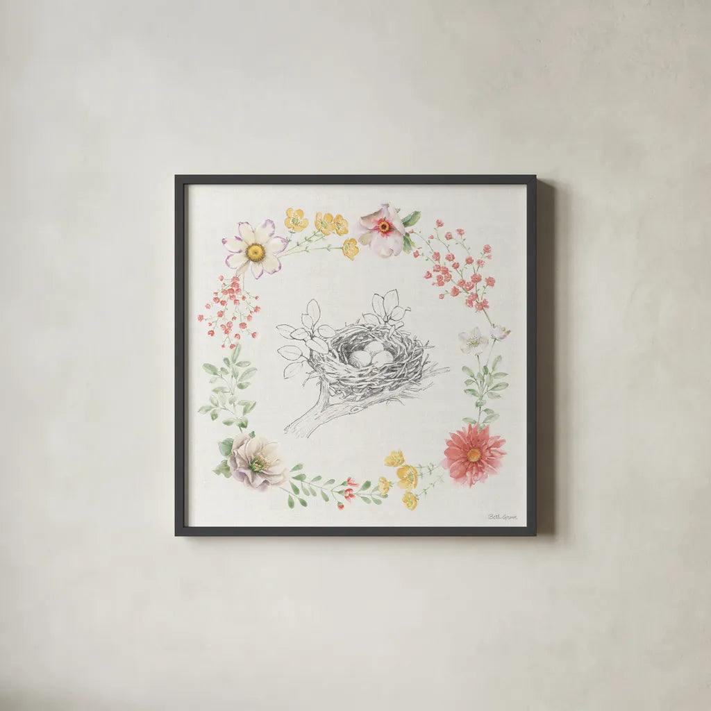 Afternoon in the Garden X by Beth Grove. Shown in a sleek black glass frame for a contemporary gallery look. Available as an archival giclee rolled canvas, fine art paper, or poster print. SKU 84916a.