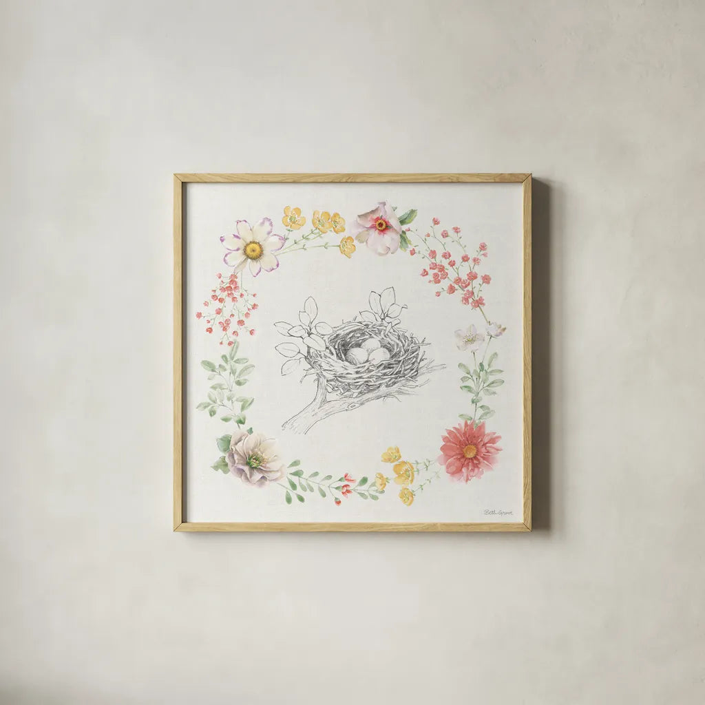 Afternoon in the Garden X by Beth Grove. Shown in a natural wood glass frame for a timeless modern aesthetic. Available as an archival giclee rolled canvas, fine art paper, or poster print. SKU 84916a.