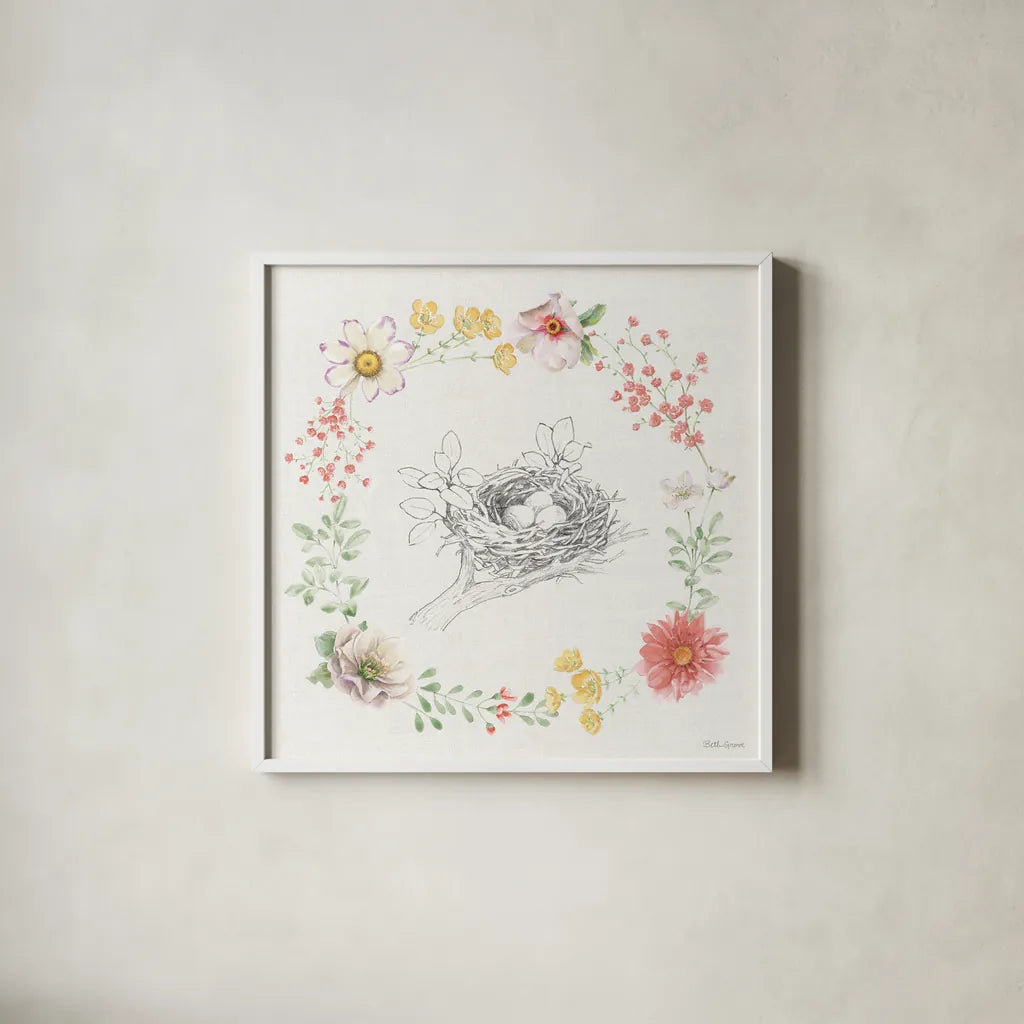 Afternoon in the Garden X by Beth Grove. Shown in a crisp white glass frame for a clean and minimalist style. Available as an archival giclee rolled canvas, fine art paper, or poster print. SKU 84916a.