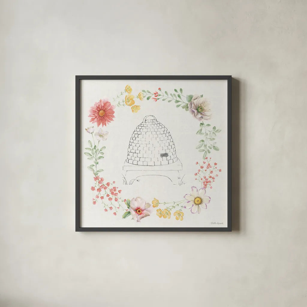 Afternoon in the Garden XII by Beth Grove. Shown in a sleek black glass frame for a contemporary gallery look. Available as an archival giclee rolled canvas, fine art paper, or poster print. SKU 84918a.