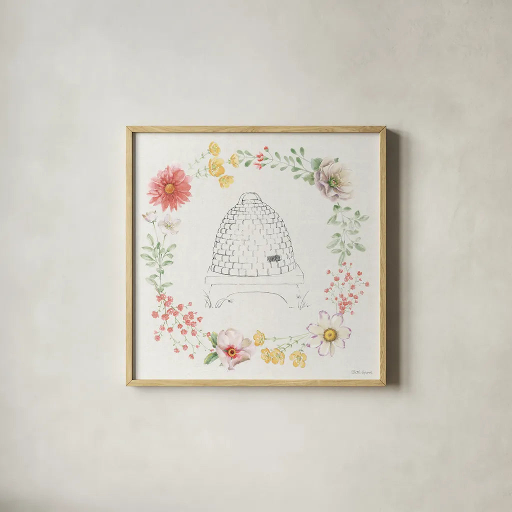 Afternoon in the Garden XII by Beth Grove. Shown in a natural wood glass frame for a timeless modern aesthetic. Available as an archival giclee rolled canvas, fine art paper, or poster print. SKU 84918a.