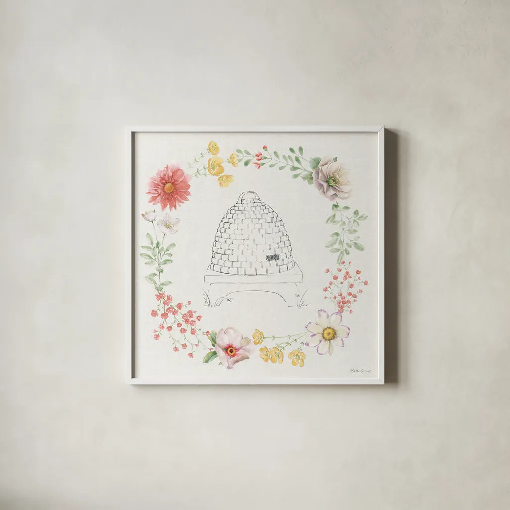 Afternoon in the Garden XII by Beth Grove. Shown in a crisp white glass frame for a clean and minimalist style. Available as an archival giclee rolled canvas, fine art paper, or poster print. SKU 84918a.