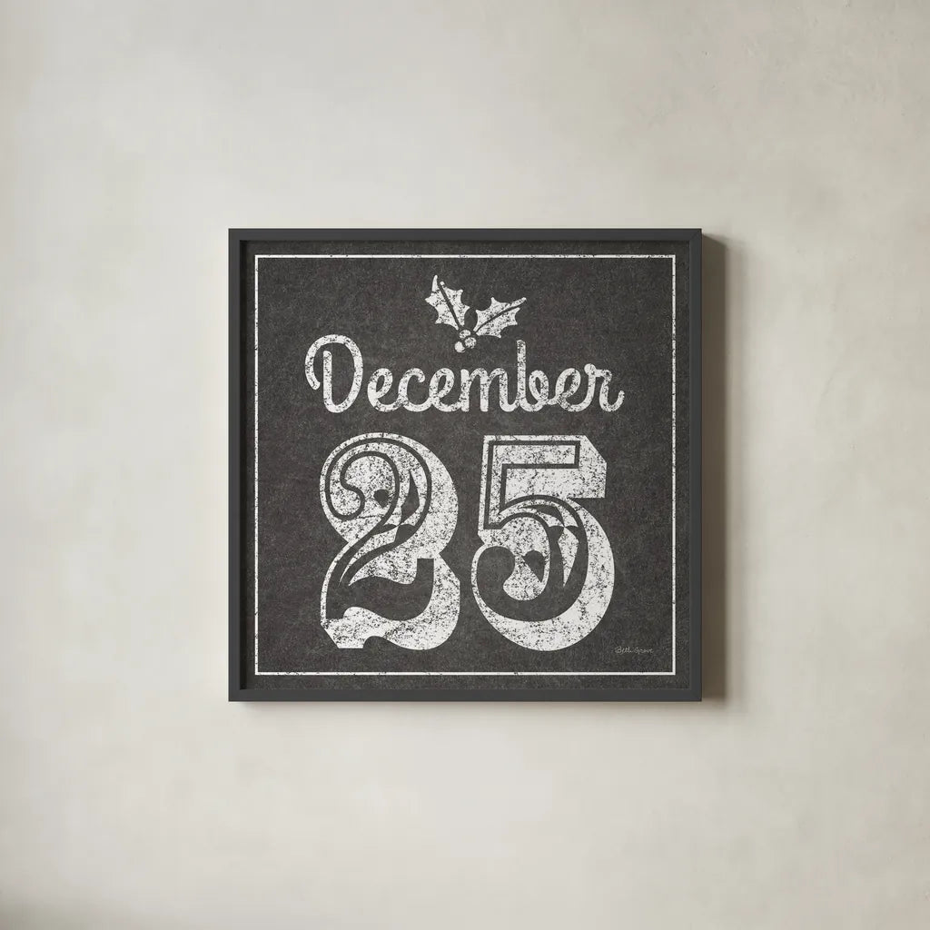 All About The Holidays IV BW by Beth Grove. Shown in a sleek black glass frame for a contemporary gallery look. Available as an archival giclee rolled canvas, fine art paper, or poster print. SKU 73352a.