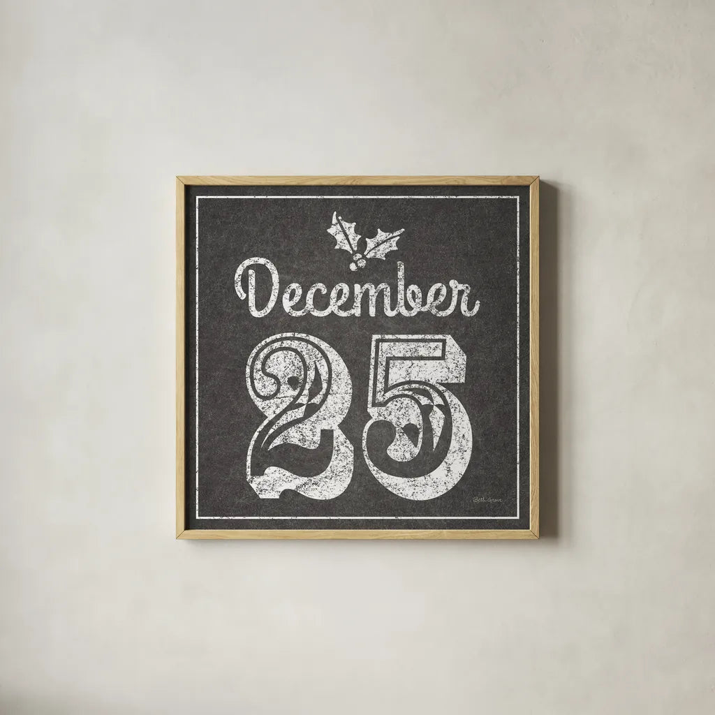 All About The Holidays IV BW by Beth Grove. Shown in a natural wood glass frame for a timeless modern aesthetic. Available as an archival giclee rolled canvas, fine art paper, or poster print. SKU 73352a.