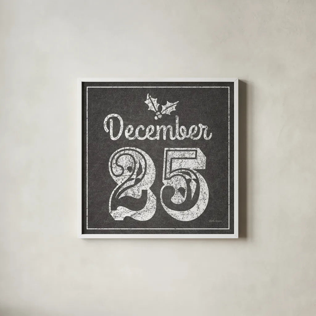 All About The Holidays IV BW by Beth Grove. Shown in a crisp white glass frame for a clean and minimalist style. Available as an archival giclee rolled canvas, fine art paper, or poster print. SKU 73352a.