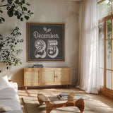 All About The Holidays IV BW by Beth Grove. Shown in a natural wood frame in a cozy modern living room. Available as an archival giclee rolled canvas, fine art paper, or poster print. SKU 73352a.