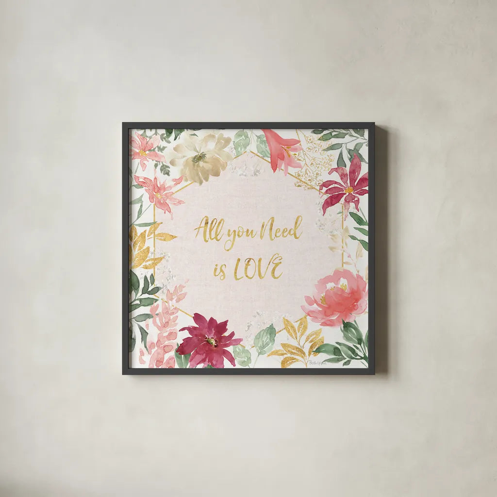 All You Need is Love III by Beth Grove. Shown in a sleek black glass frame for a contemporary gallery look. Available as an archival giclee rolled canvas, fine art paper, or poster print. SKU 55406a.