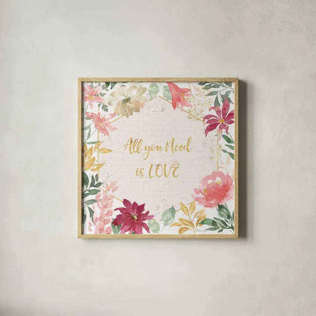 All You Need is Love III by Beth Grove. Shown in a natural wood glass frame for a timeless modern aesthetic. Available as an archival giclee rolled canvas, fine art paper, or poster print. SKU 55406a.