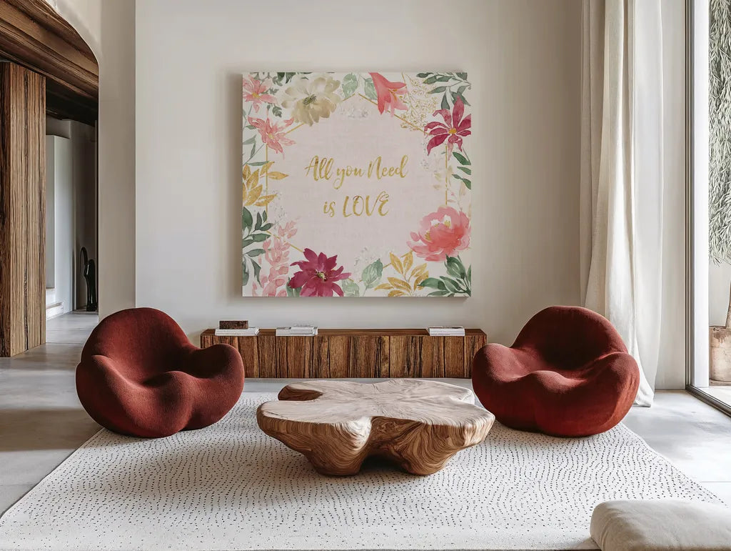 All You Need is Love III by Beth Grove. Shown as extra-large giant wall art in a modern living room. Available as an archival giclee rolled canvas, fine art paper, or poster print. SKU 55406a.
