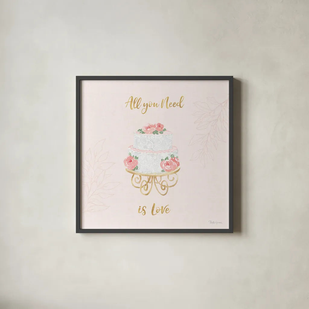All You Need is Love IX Pink by Beth Grove. Shown in a sleek black glass frame for a contemporary gallery look. Available as an archival giclee rolled canvas, fine art paper, or poster print. SKU 55416a.