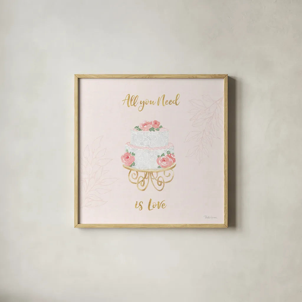 All You Need is Love IX Pink by Beth Grove. Shown in a natural wood glass frame for a timeless modern aesthetic. Available as an archival giclee rolled canvas, fine art paper, or poster print. SKU 55416a.